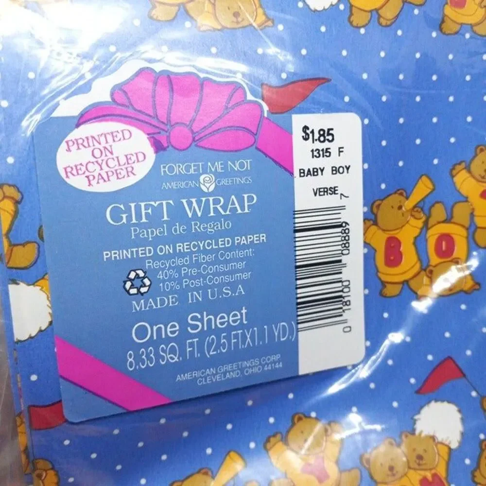 Vintage American Greetings Cheerleading Bear Gift Wrap Sheet-Birthday/Shower-NEW